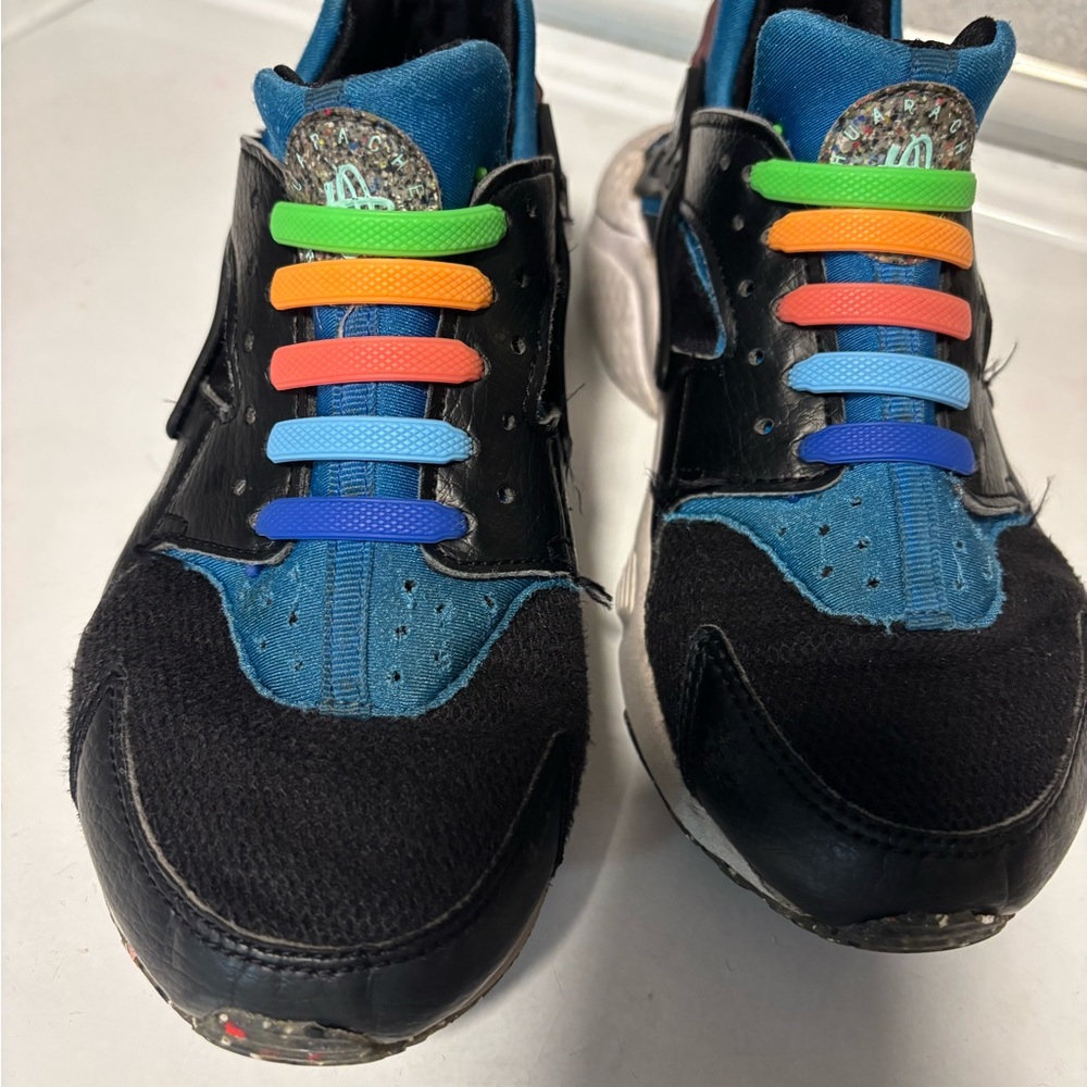 Nike big kid huarache Black & Blue Sneakers with Rainbow Accent Laces